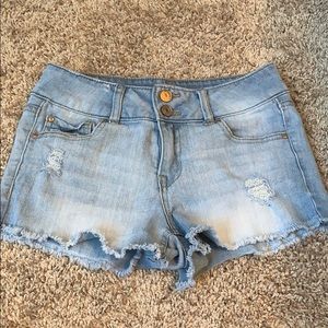 High waisted light wash denim shorts